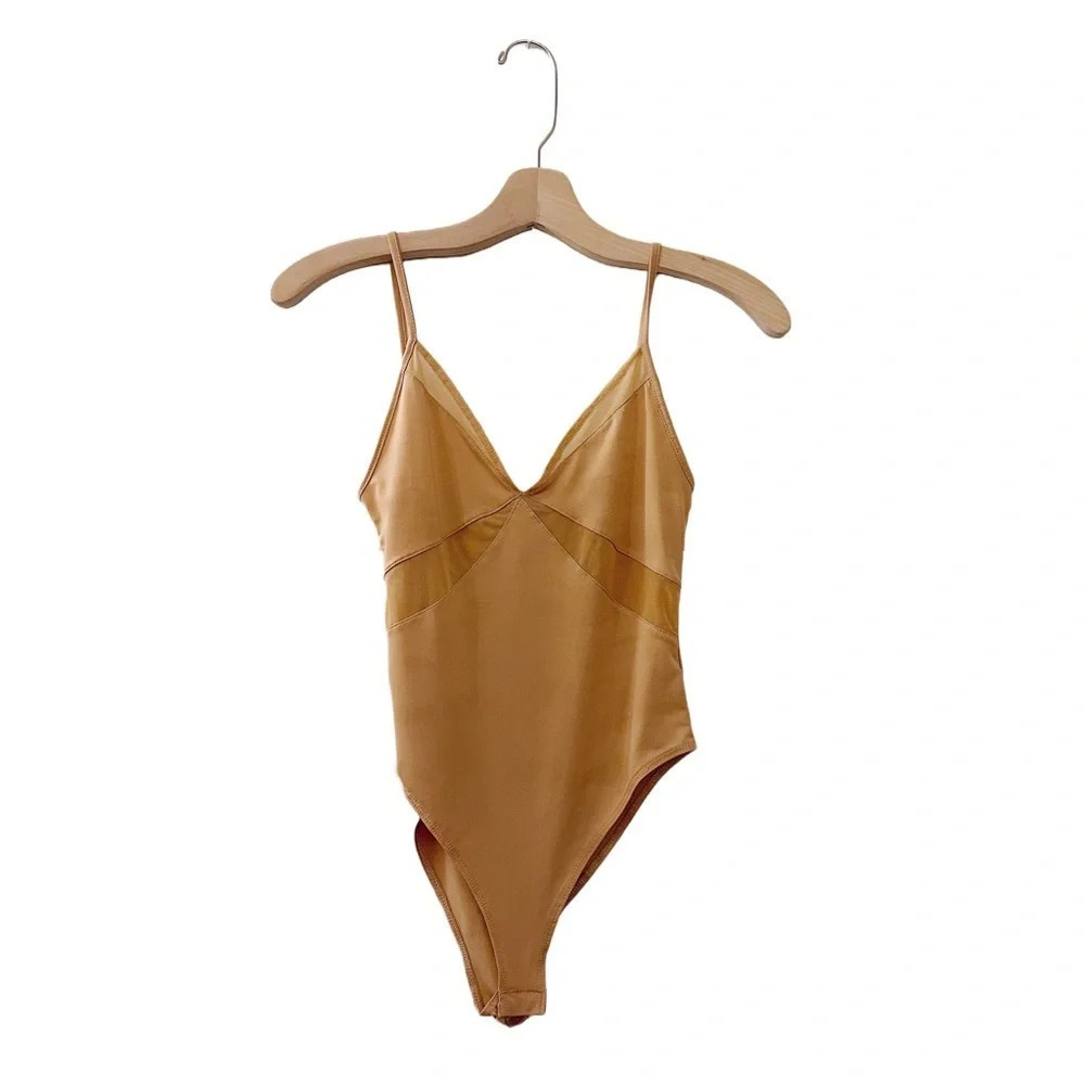 Zara Mesh Paneled Bodysuit Tan Orange One Piece
